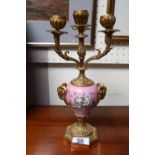 French Porcelain 4 Branch Gilt Metal Ormolu candelabra with Cherub decorated panel 30cm in Height