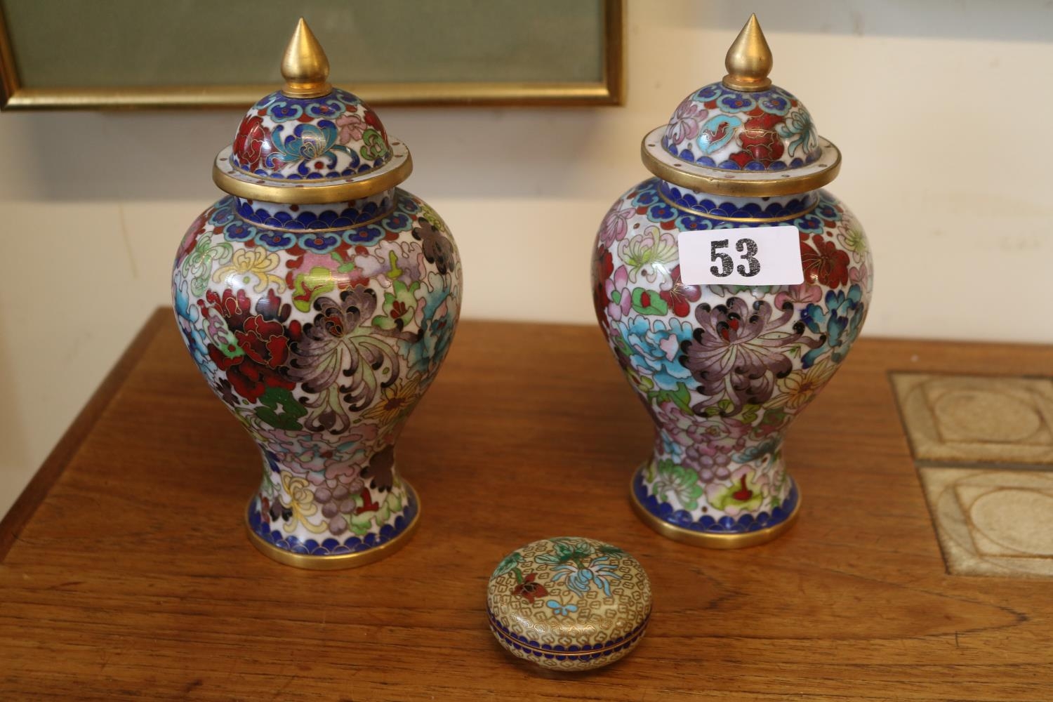 Pair of Floral decorated Cloisonné lidded vases and a Cloisonné lidded pill pot