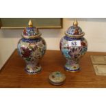 Pair of Floral decorated Cloisonné lidded vases and a Cloisonné lidded pill pot