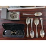 Collection of Silver teaspoons, SIlver engraved locket on chain and a Pair of Vintage Spectacles
