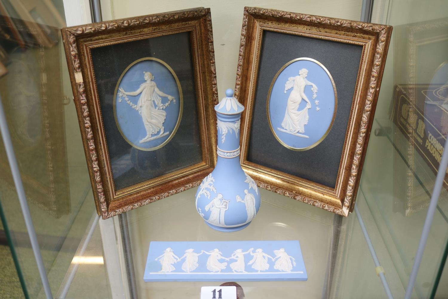 Collection of Pale Blue Wedgwood Jasperware to include 2 oval plaques, scent bottle and a