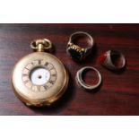 Edwardian Gold plated Pocket watch and 3 Silver rings