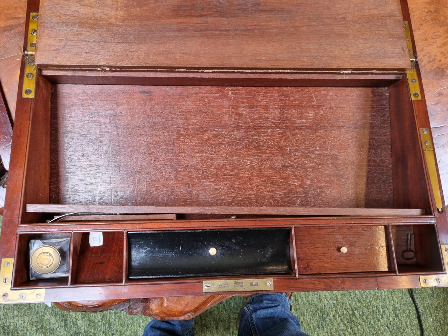 Very Large Late 19thC fitted Mahogany Brass bound travelling writing slope with Leather and fitted - Image 8 of 9