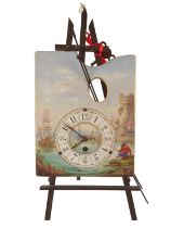 19thC Ceramics clock in the form of a artists pallet depicting a Marine scene with numeral dial,