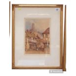 In the Style of George Earp (British, 19th century) Framed watercolour of a Tudor Village scene 50 x