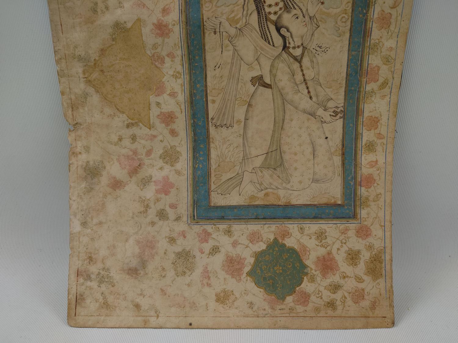 18thC Nim Qalam Drawing, in ink with details in paint, on paper, Depicting woman crouching and man - Image 5 of 6