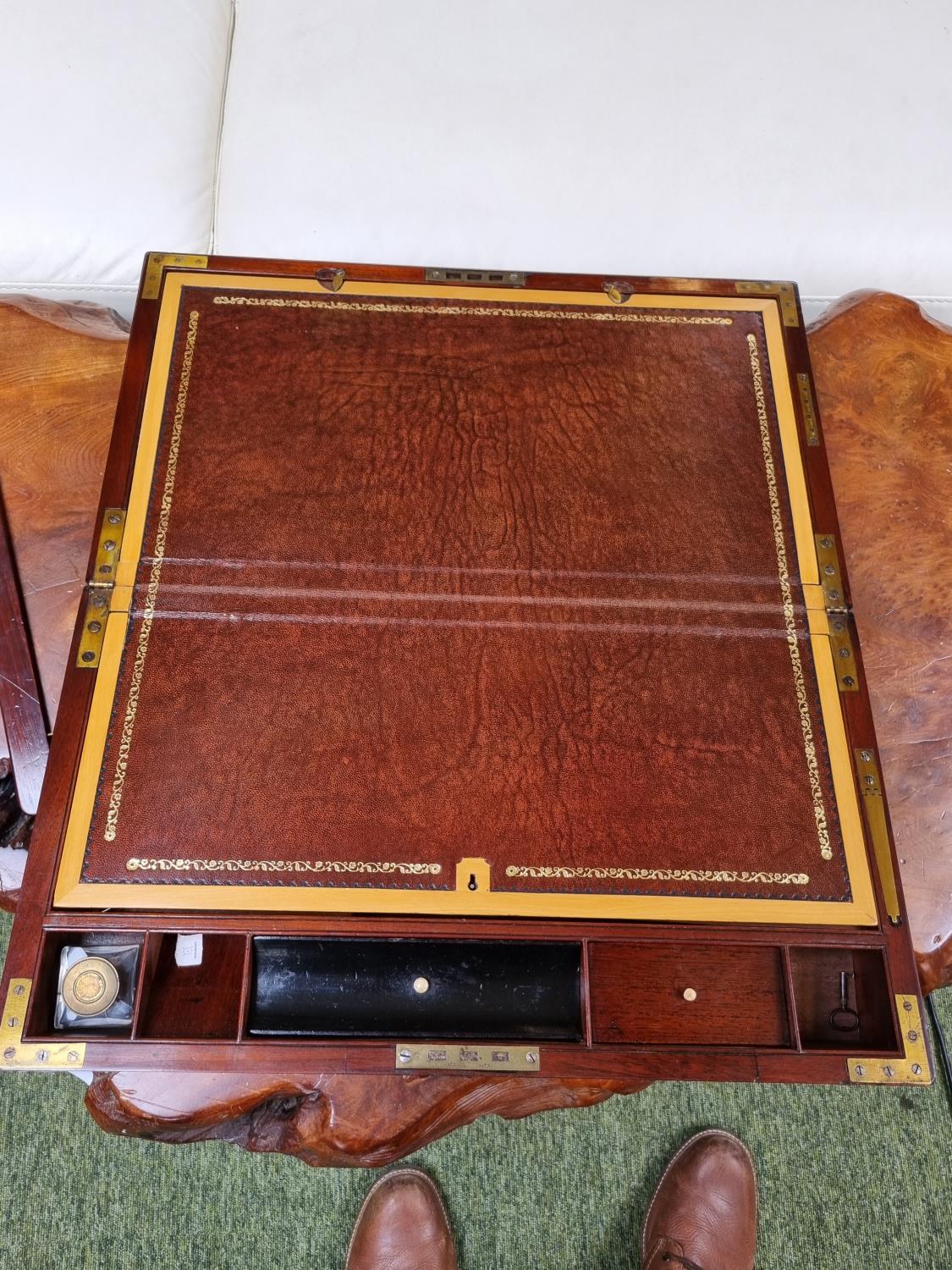 Very Large Late 19thC fitted Mahogany Brass bound travelling writing slope with Leather and fitted - Image 7 of 9