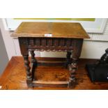 18thC Oak jointed English Oak stool with single plank top and pegged construction with studded