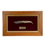 Alfredo Di Stefano Jose Lastra Pocket Gift Knife displayed in glazed frame with label for Real