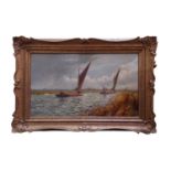 Stephen John Batchelder 1849-1932 British Artist Oil on canvas of Norfolk Wherrys in river scene