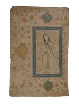 18thC Nim Qalam Drawing, in ink with details in paint, on paper, Depicting woman crouching and man