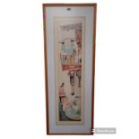 Framed Chinese Watercolour depicting woman at Balcony above woman in boat. Character mark signed