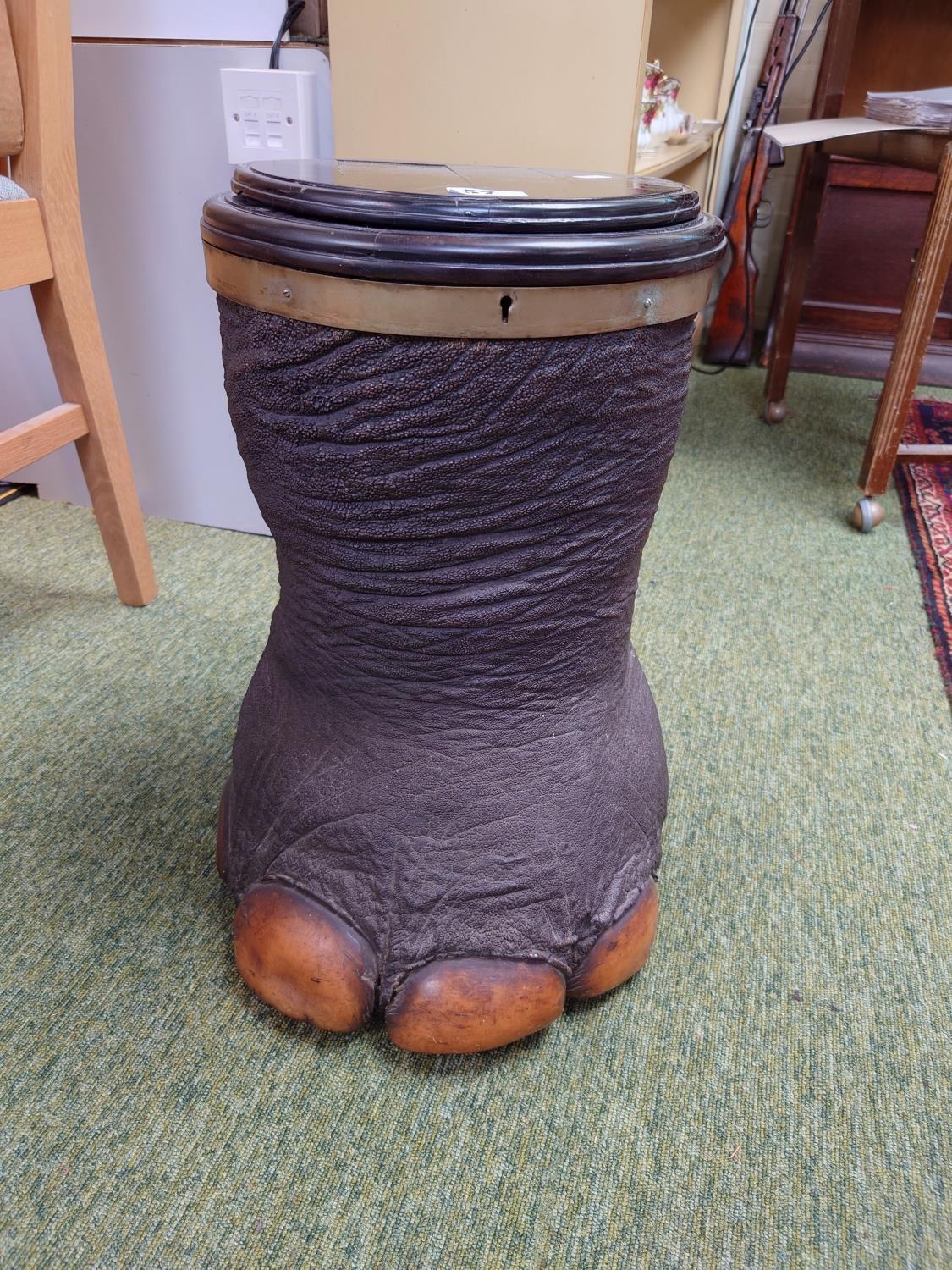 Antique Elephant foot Hinged Cellaret with ebonised lid and 4 bottle holder to interior. 50cm in - Image 2 of 4