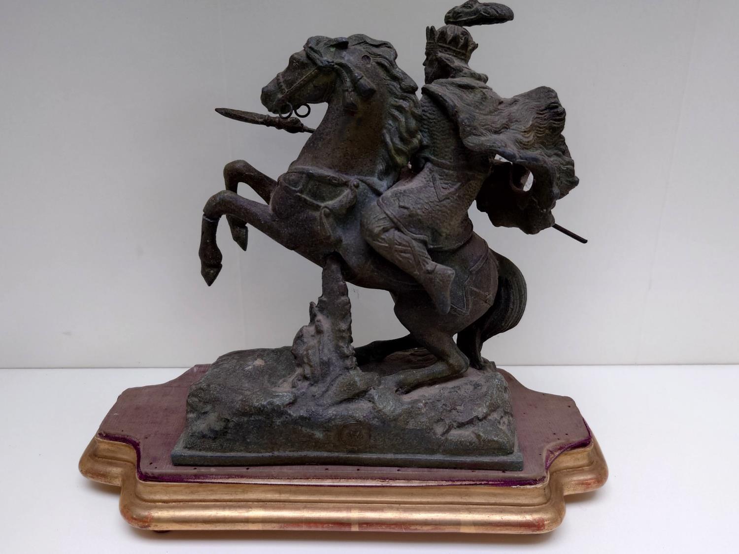 19thC French Spelter figure depicting Charlemagne (Charles the Great) on horse back by Francoise - Image 2 of 5