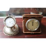 Silver Pocket watch in Silver pocket watch stand and a Deco travelling clock