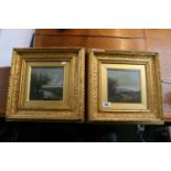 Pair of 19thC Lowland Oil on board gilt gesso framed paintings unsigned