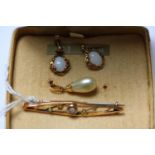 Ladies 9ct Gold Bar Brooch and a Pair of Opal Set drop earrings and a Faux Pearl Pendant