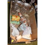 Box of assorted ceramics inc Satsuma Onion vase, Cut glass decanters etc