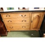 Pine Dresser of 3 drawers and cupboard with brass drop handles