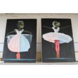 Pair of Framed Acrylics on Canvas of Cats as Ballerinas by Pablo Morfa, Cuban. Handwritten