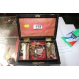 Leatherette jewellery box with assorted jewellery inc. Whitby Jet Portrait stick Pin, Bar Brooches
