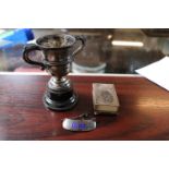 20thC Silver Trophy on wooden stand, Silver match case and a Silver Gin Label 110g total weight