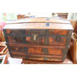 Antique Domed Chest with metal binding and assorted contents