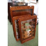 3 Oriental Hardwood glazed collectors wall cabinets and keys
