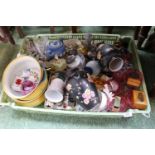Large box of assorted Ceramics and glassware inc. Mauchline ware, Chocolate moulds