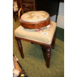 William IV Walnut circular gout stool on Porcelain supports and a Victorian upholstered stool