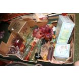 Box of assorted glassware and collectors ceramics figures inc. Cranberry glass, Royal Doulton Winnie