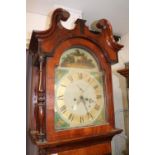 19thC mahognay and Walnut Cased Longcase clock with hand painted dial depicting Hunting Dog and