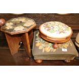 Oak Octagonal rose painted stool and 2 upholstered gout stools