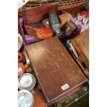 Edwardian writing slope and a box of assorted bygones inc. Miners Lamp