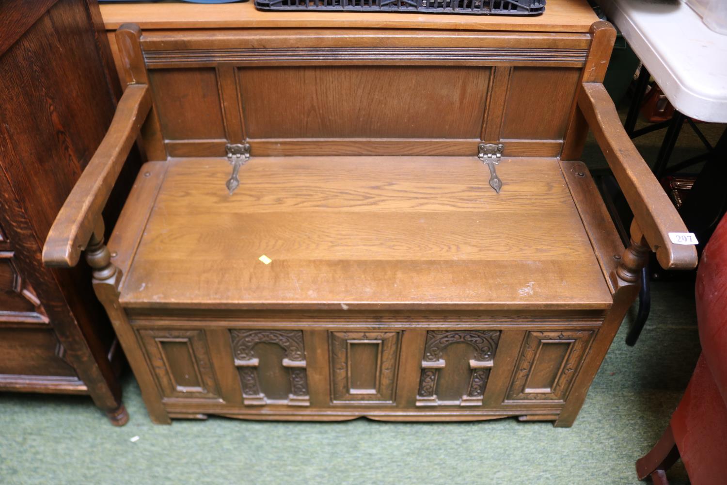 20thC Panelled monks bench with panel back