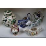 Masons lidded ginger jar, 3 Cow Creamers, Staffordshire figure and a Dresden lidded vase