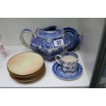 Olde Lang Syne willow pattern blue and white teapot and assorted ceramics