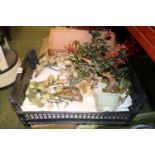 2 trays of Antique linen and tableware and a Qty. of Chinese Jade trees