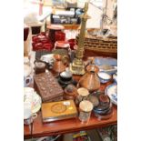 Collection of assorted Wooden wares and bygones inc. Pair of Brass Indian lidded pots, Hardwood