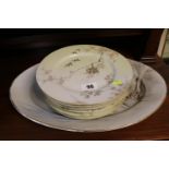 Set of 6 Chinese hand painted plates and a matched oval meat plate with character marks to reverse