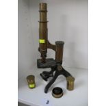 19thC Scientific Brass students microscope by Henry Crouch Stamped 5086 with assorted lenses