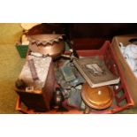 Tray of assorted Copper and metalware inc. Samovar, Warming pan, Shell Petrol Can etc