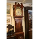 19thC mahognay and Walnut Cased Longcase clock with hand painted dial depicting Hunting Dog and