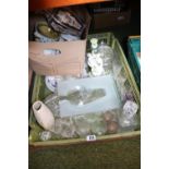 Large tray of assorted glassware inc. Decanters, drinking glasses Pottery etc