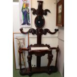 Large Victorian Mahogany Hall stand with turned decoration and inset marble top and drip trays (