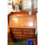 Indonesian Hardwood inlaid fall front bureau with fitted interior