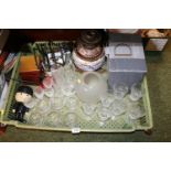 Large Tray of assorted House clearance ceramics and glassware inc. Pottery Oil Lamp, Homepride