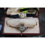 2 9ct Gold Cased wristwatches and a Silver enamelled stone set brooch