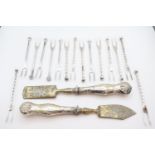 White metal handled Niello decorated servers and a collection of Silver plated Pickle forks