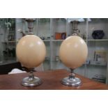Pair of Ostrich Egg candlesticks of Chromed turned form